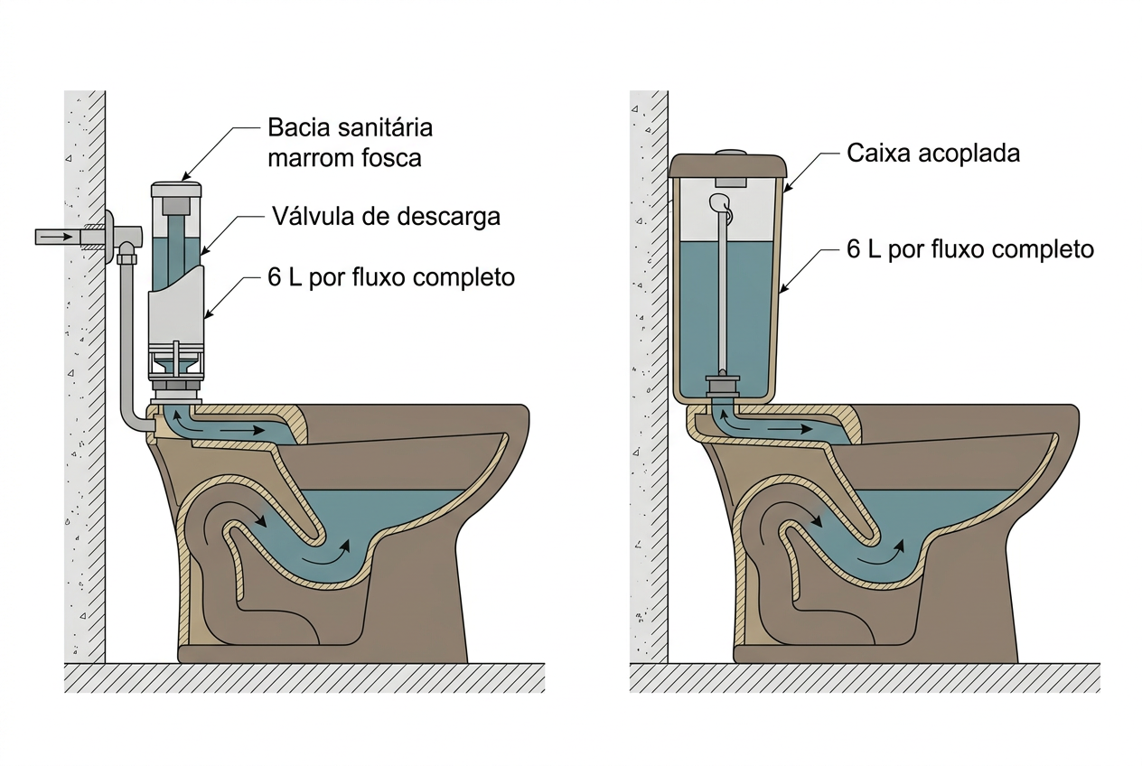 A bacia convencional é apoiada e fixada no piso, mas seu funcionamento depende de um sistema de descarga