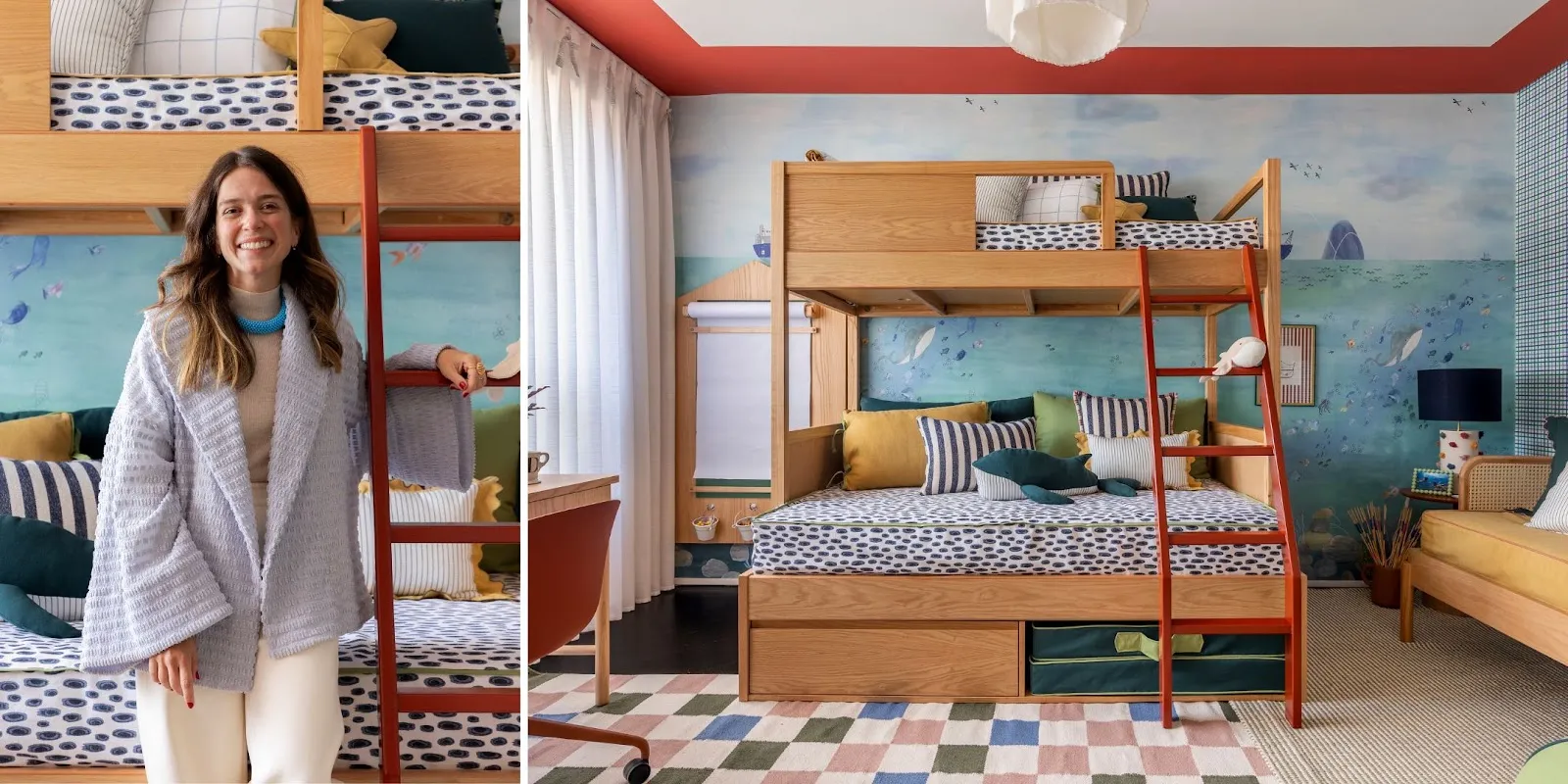 Projeto: Duda Senna | o ambiente Pequenos Navegantes combina madeira, cores e referências ao mar para criar um quarto co