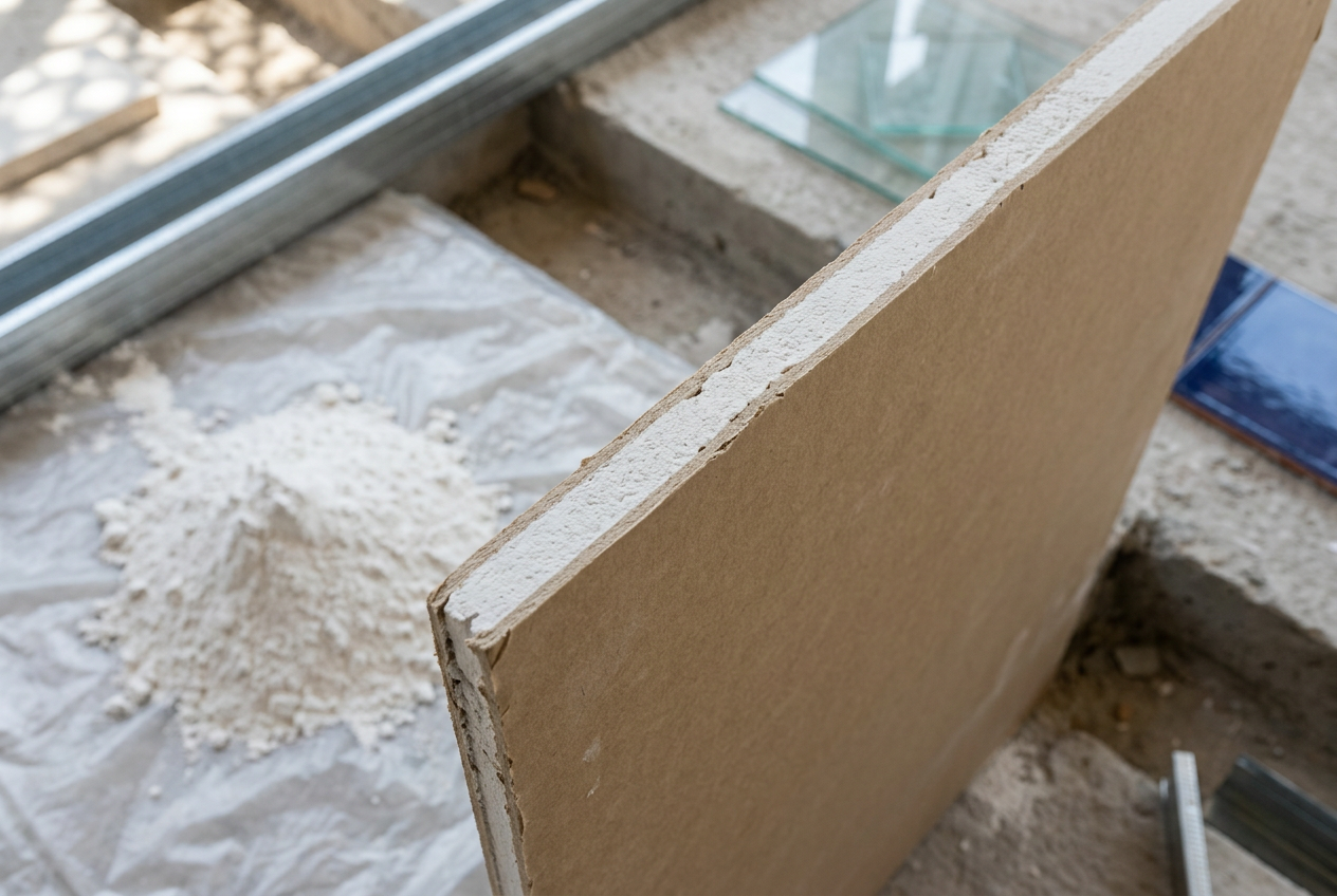 Já o gesso acartonado é uma placa industrializada composta por um núcleo de gesso natural e aditivos