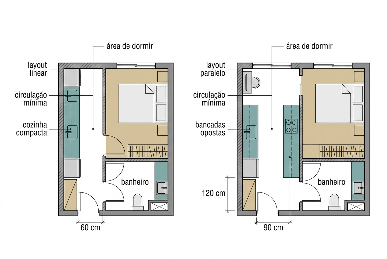 Layout linear (disposição dos principais elementos da cozinha em uma única frente) favorece plantas estreitas
