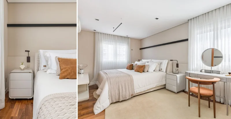 Projeto: Spaço Interior | Com o layout repensado, a cama, acompanhada de uma cabeceira acolhedora e mesas laterais redesenhadas, reforça o conforto e favorece noites de descanso mais qualificadas.