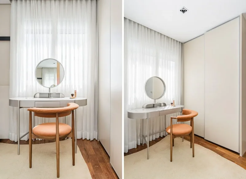 Projeto: Spaço Interior | Em um ponto estratégico e bem iluminado, a penteadeira organiza a rotina de autocuidado e conta com projeto luminotécnico para criar uma atmosfera de relaxamento contínuo.
