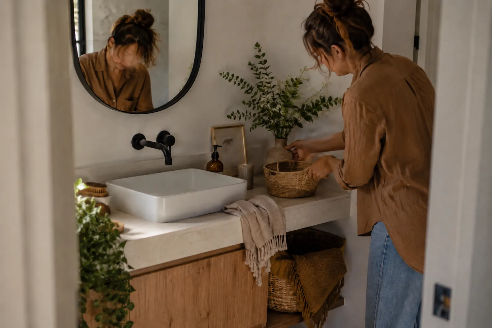 Décor biofílico contribui com uma atmosfera leve para o lavabo | Foto: Divulgação