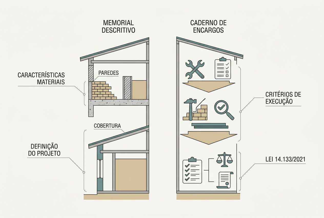 O caderno de encargos organiza os encargos (obrigações e condições técnicas ou administrativas atribuídas às