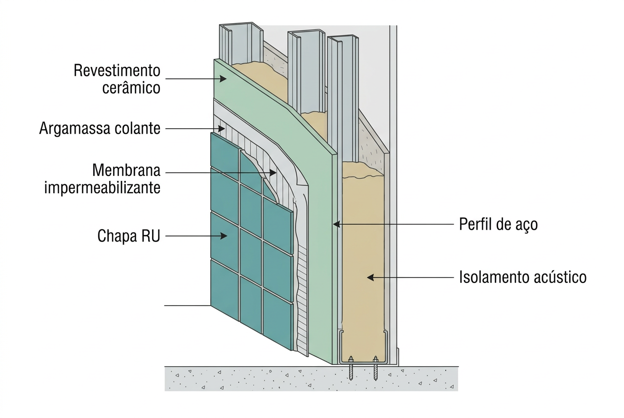 Drywall para banheiro: Placa de drywall RU (Resistente à umidade) ou