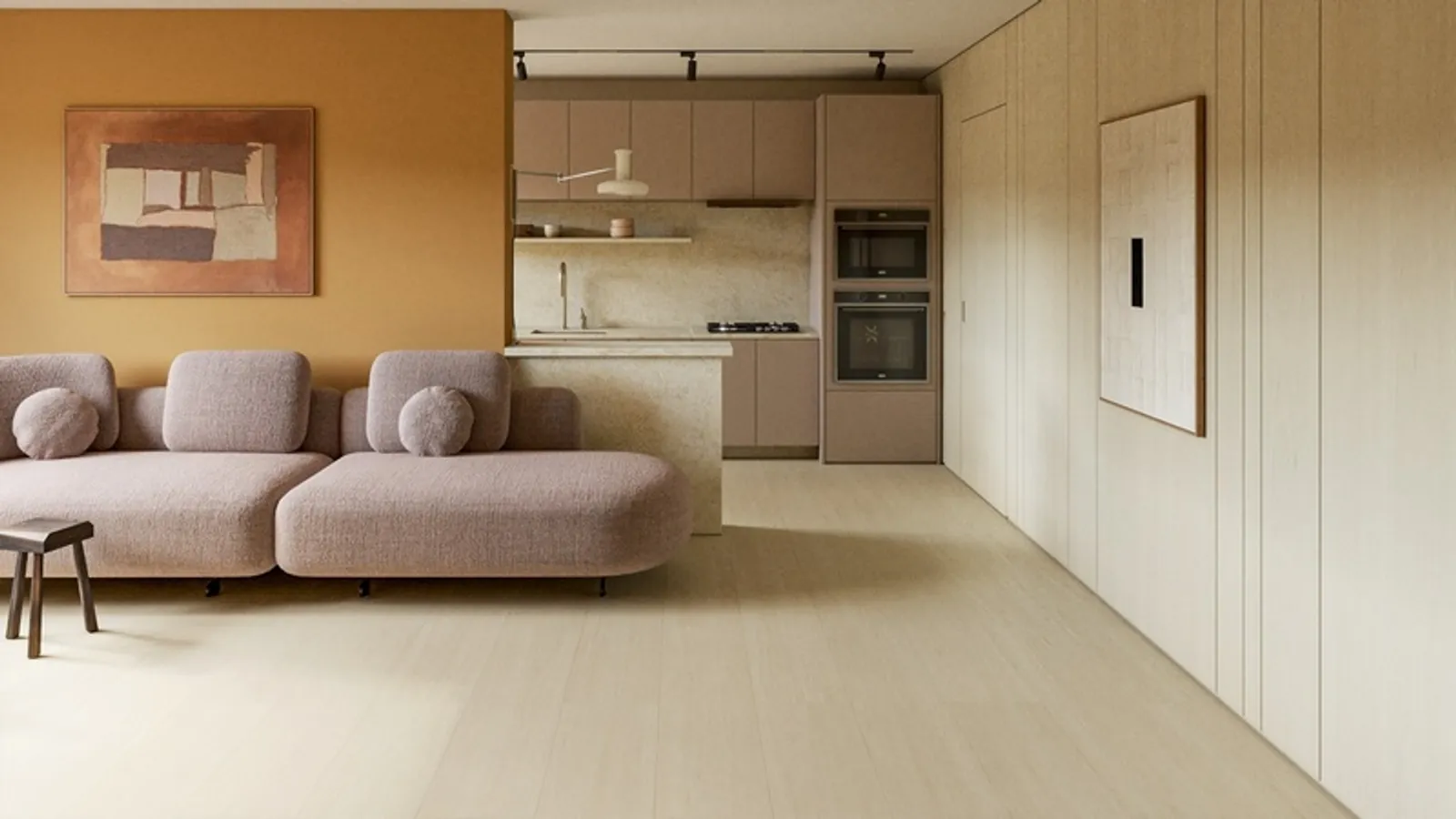 Piso laminado Durafloor e revestimentos de paredes com painéis Duratex, ambos no padrão Oásis.