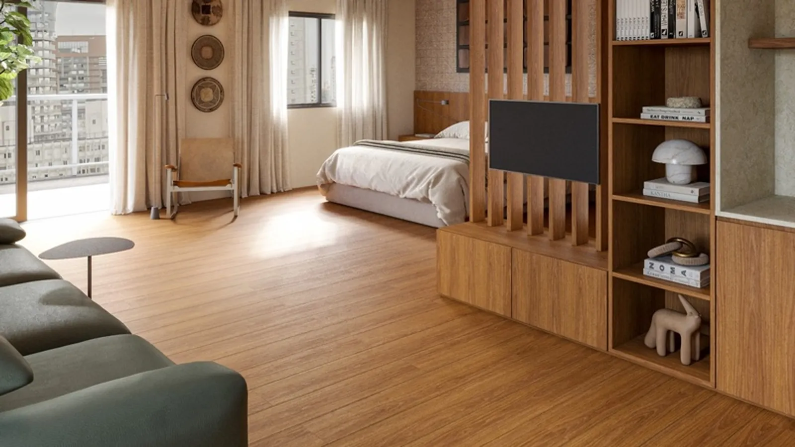 Piso laminado Durafloor e mobiliário com acabamento em painéis Duratex, ambos no padrão Freijó Imperial.