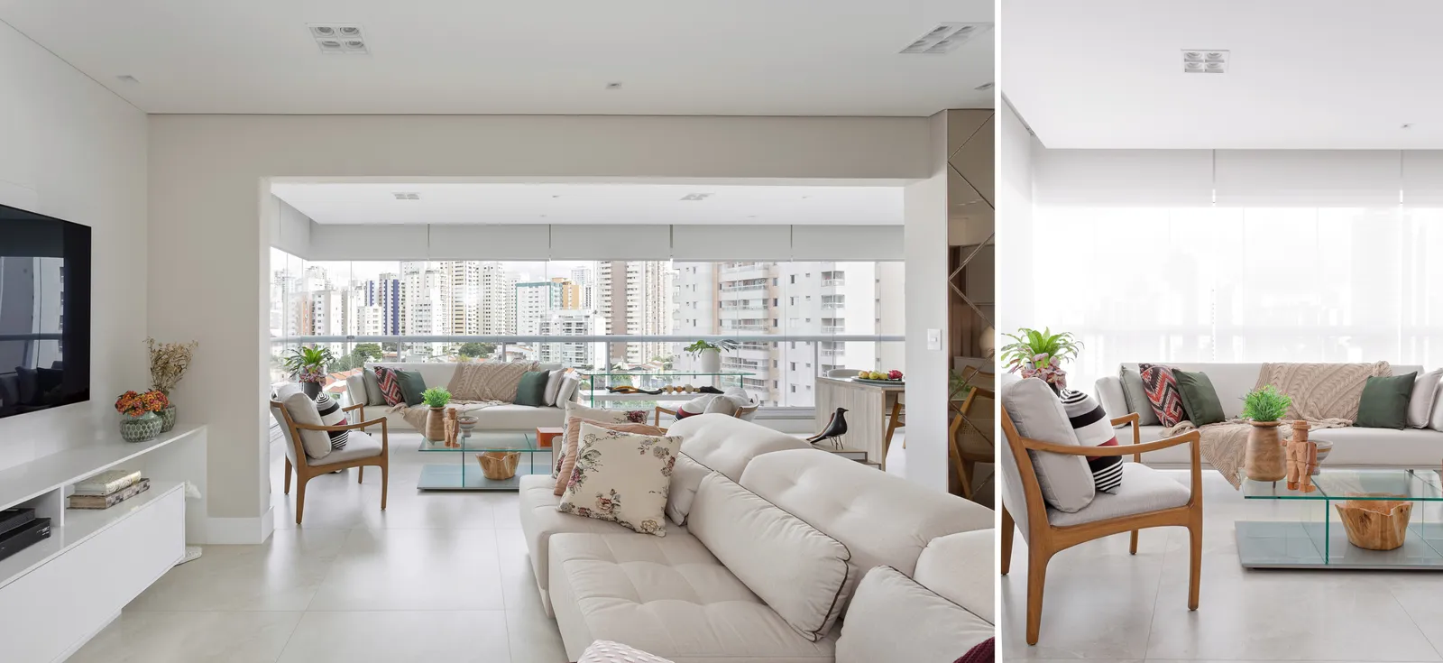 Projeto: Juliana Faria | Neste apartamento executado pela arquiteta Juliana Faria, a metragem da área social permitiu que ela pudesse trabalhar com dois modelos de sofá: um com estofamento mais acolhedor na frente da TV e outro mais ‘tradicional’, com assento e encosto mais firmes, para receber convidados.