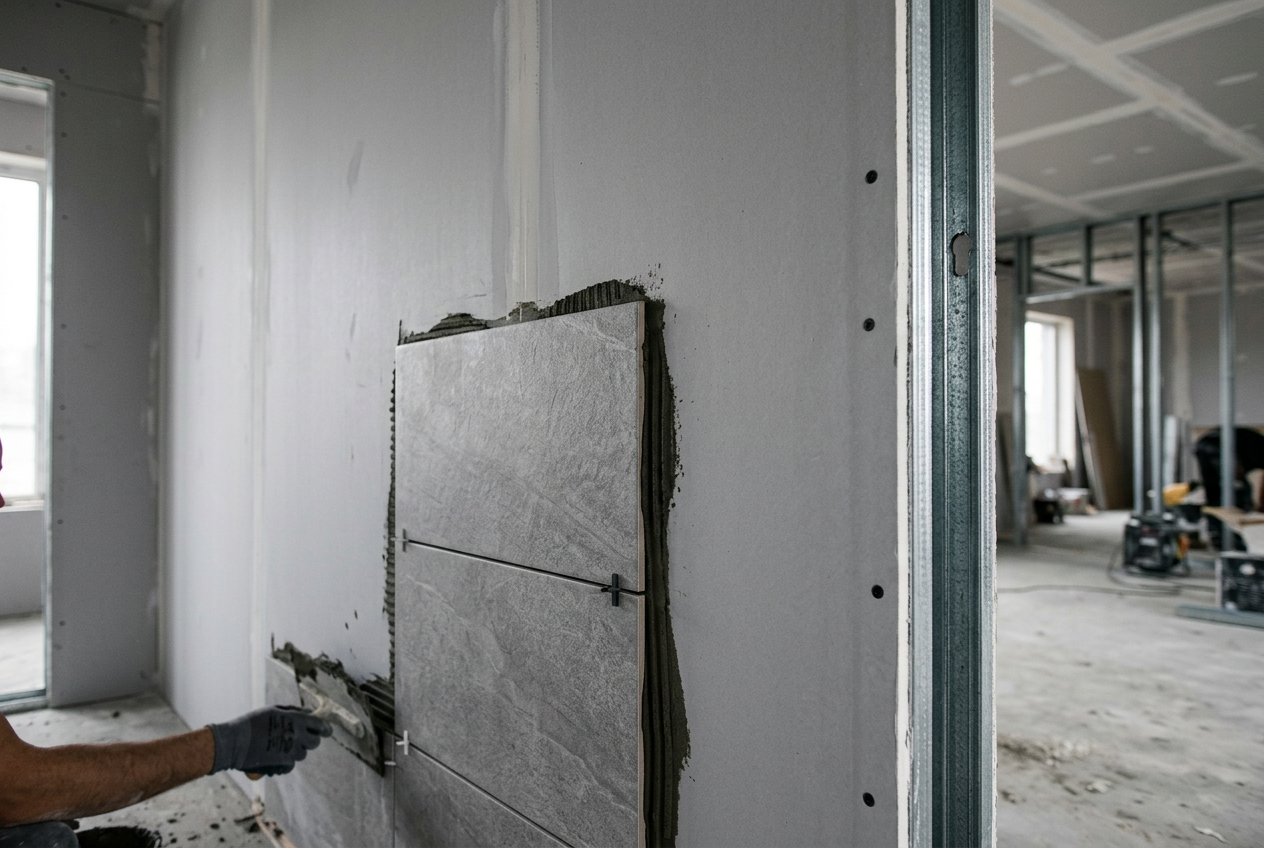 Revestimento em drywall: Parede em drywall com revestimento cerâmico 3D