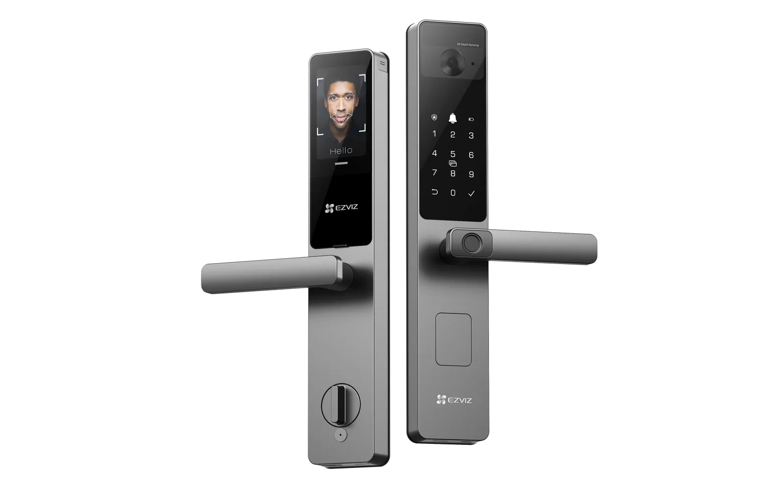Dispositivos de segurança e casa inteligente da Ezviz, incluindo câmeras e fechaduras, com foco na integração e inteligência artificial.