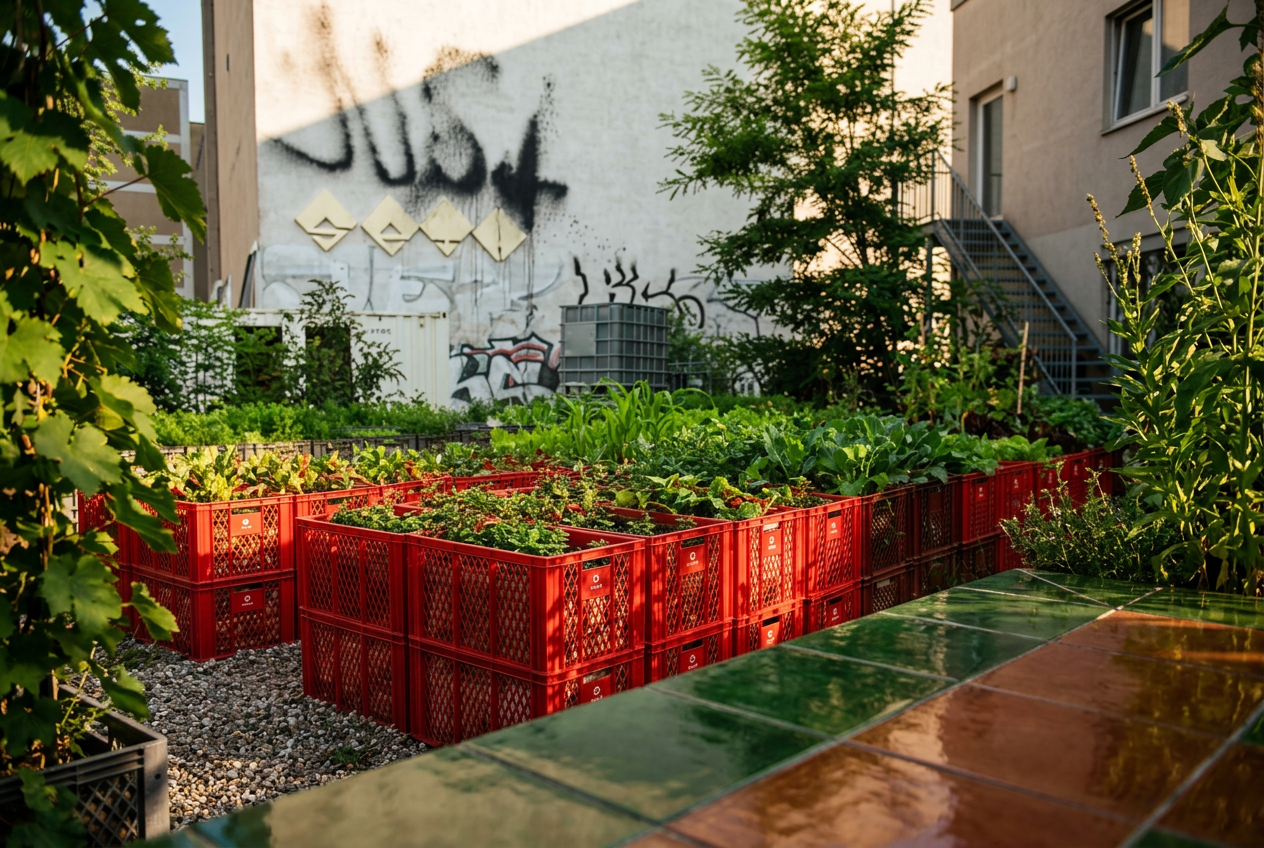 Hortas Urbanas: horta urbana com caixote de mercado