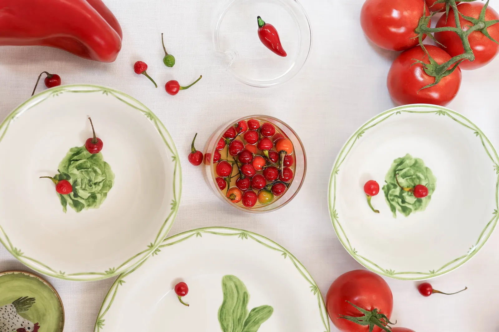 Conjunto de louças da coleção Horta, com ilustrações de vegetais e ervas que remetem ao cultivo e à natureza.
