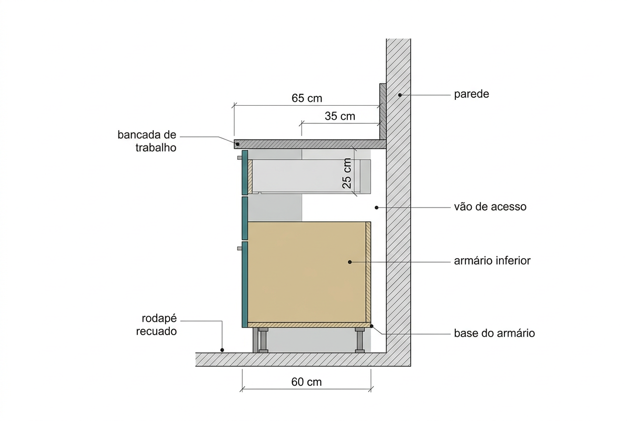 A profundidade próxima de 35 cm é um ponto de partida frequente para armários superiores porque oferece