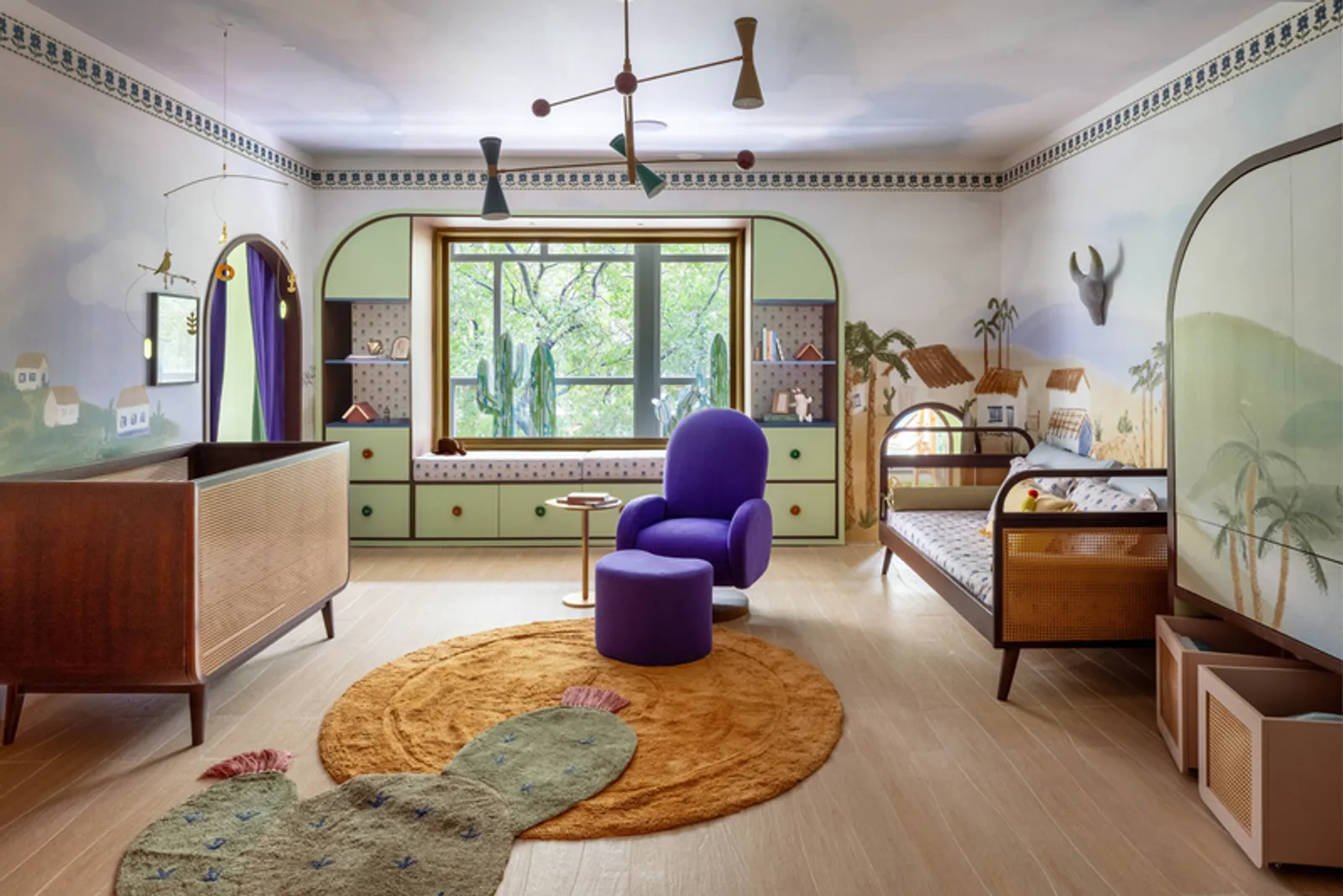 Projeto de Sophia Abraham, um quarto infantil com diferentes direções e nuances, e recortes especiais inspirados em cont