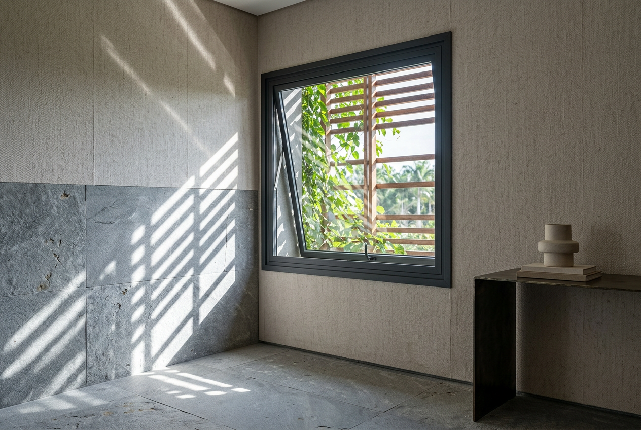 A janela de tombar funciona de forma inversa à Maxim-mar, com a abertura voltada para o interior do ambiente