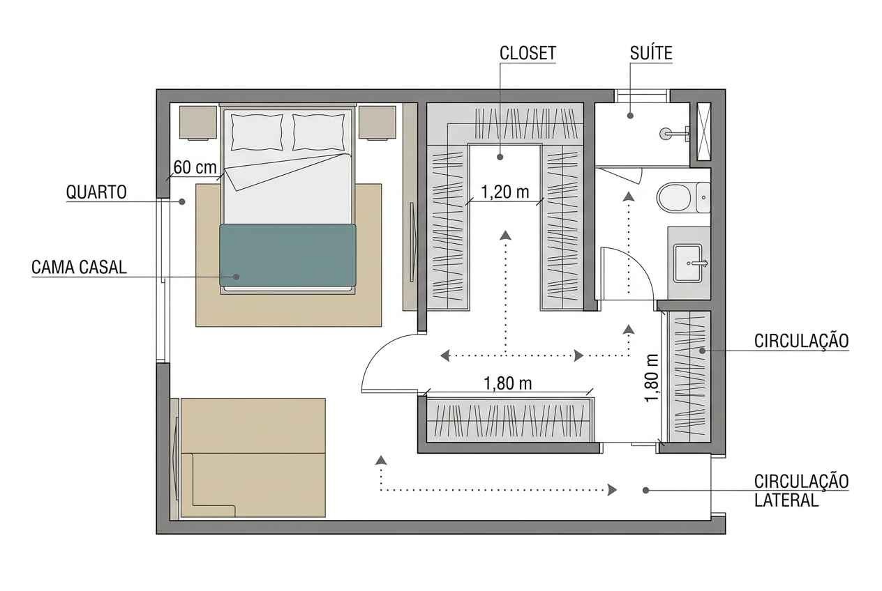 Closet corredor (zona de vestir longitudinal, com armazenamento em uma ou nas duas laterais) funciona quando