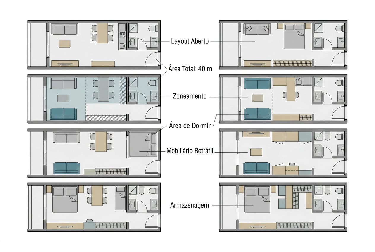 O estudo conceitual adota o mesmo perímetro hipotético de 40 m², mantendo posição de acesso, fachada