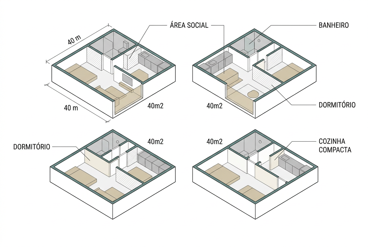 A comparação parte de um perímetro hipotético de 40 m² mantido sem alterações nas quatro alternativas