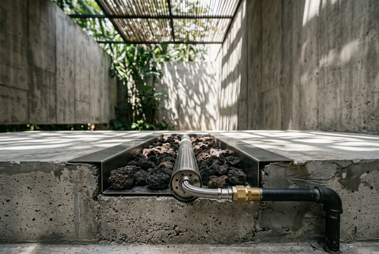 Na lareira a gás, o calor é gerado por queimadores que aquecem pedras vulcânicas ou toras de cerâmica