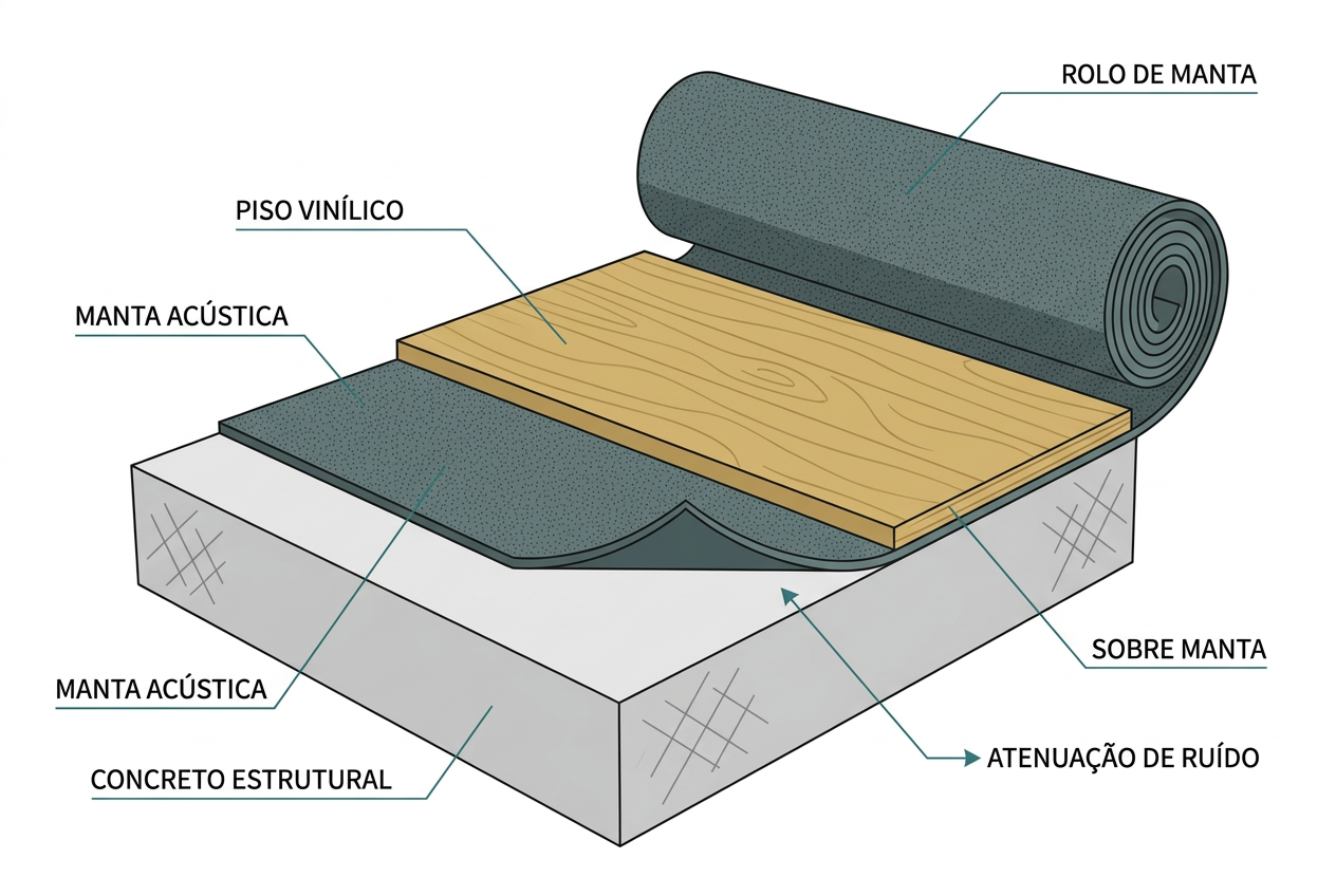 Para situações onde não há contrapiso no método construtivo, utiliza-se a manta acústica sob revestimento