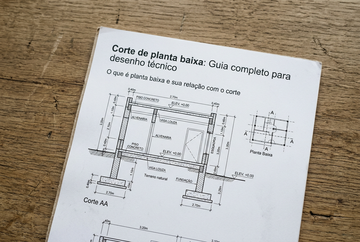 Corte de planta baixa: símbolo que indica a direção do corte