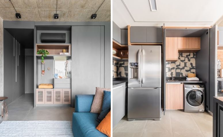 Projeto BMA Studio | Nesse apartamento que segue as referências do estilo industrial, o arquiteto Bruno Moraes trabalhou com a predominância do cinza, que envolve o ar-condicionado preto e os eletros da cozinha no estilo inox | Projeto BMA Studio