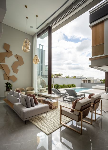 No projeto desta residência idealizada pelos profissionais do escritório Meneghisso & Pasquotto Arquitetura, a luz natural valoriza materiais, revestimentos e elementos decorativos.