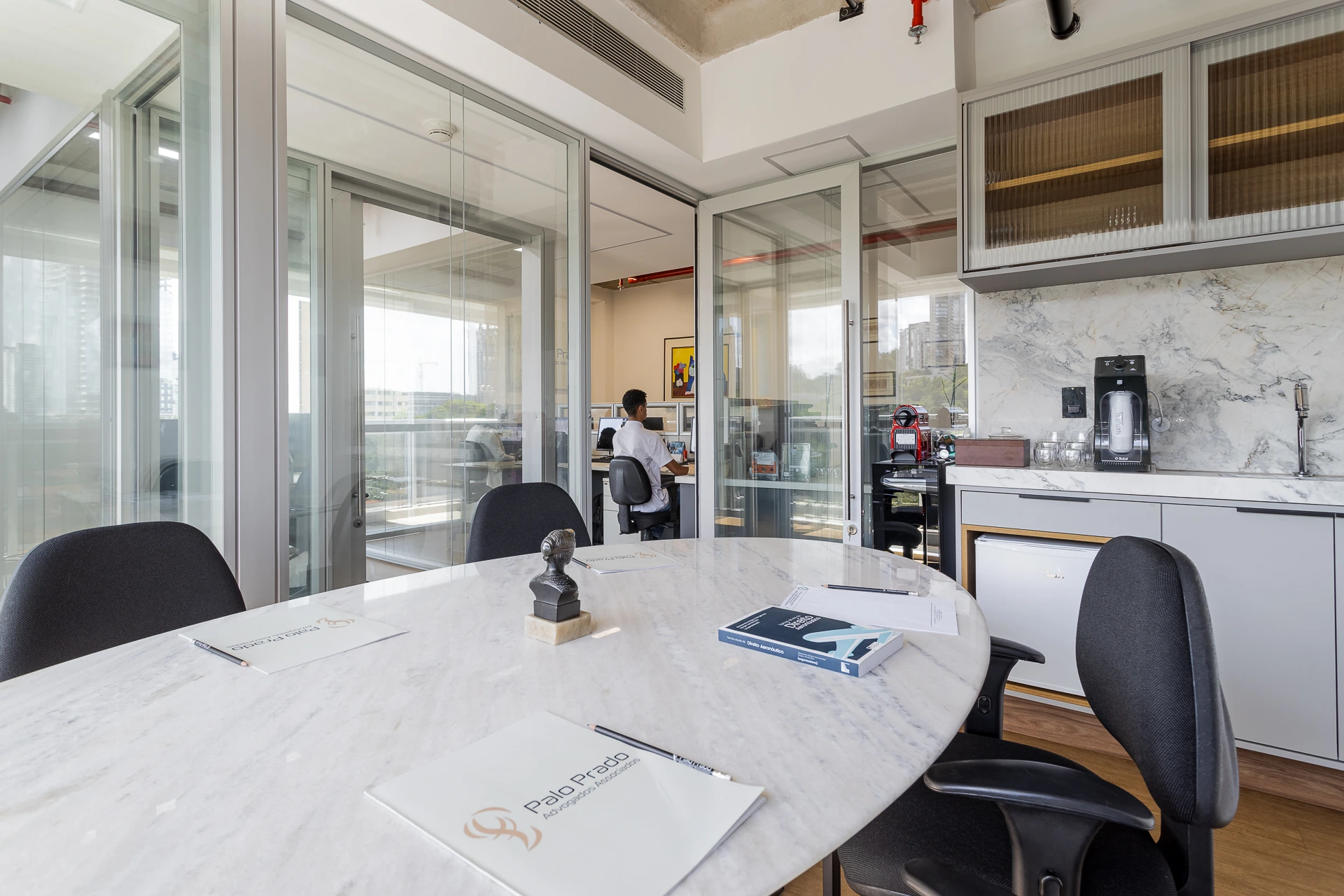 Projeto Camila Palladino | Área de recepção ou espera com poltronas de design, mesa lateral e uma planta grande, destacando a biofilia e o conforto.