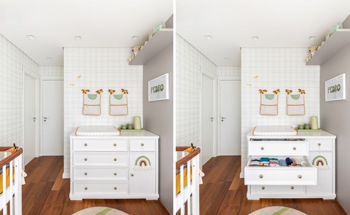 Projeto BMA Studio | Cômoda organizada no quarto do bebê, com gavetas que concentram itens de troca e roupas separadas por faixa etária.